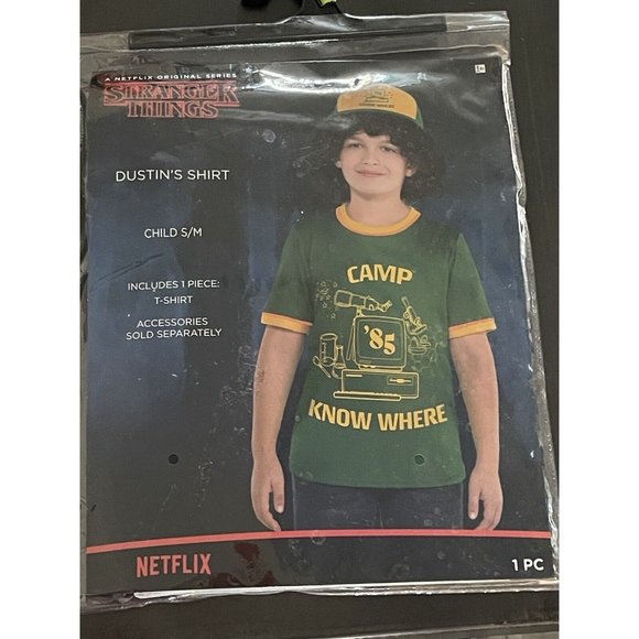 Stranger Things T- Shirt Dustin Camp Knowhere Green Ringer Kids Costume Children - Picture 5 of 11
